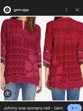 Johnny Was Red Floral Embroidered Tunic Top